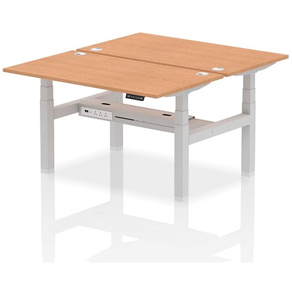 Air 2 Person Sit-Standing Bench Desk, Back to Back, 2 x 1400mm (800mm Deep), Silver Frame, Oak