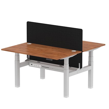 Air 2 Person Sit-Standing Bench Desk with Charcoal Straight Screen, Back to Back, 2 x 1400mm (800mm Deep), Silver Frame, Walnut