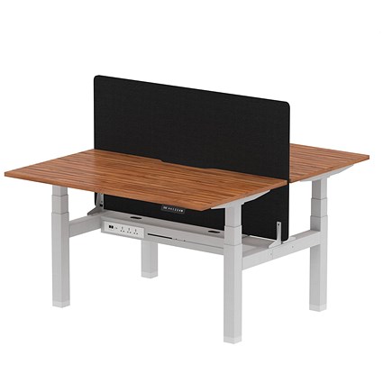 Air 2 Person Sit-Standing Scalloped Bench Desk with Charcoal Straight Screen, Back to Back, 2 x 1400mm (800mm Deep), Silver Frame, Walnut