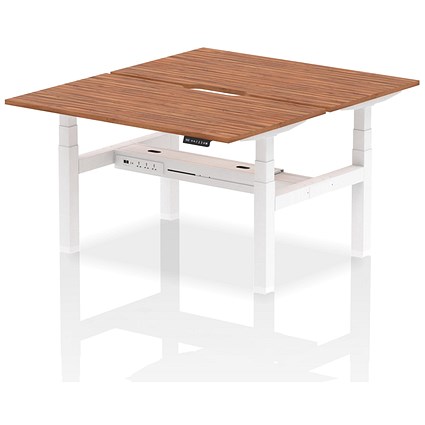 Air 2 Person Sit-Standing Scalloped Bench Desk, Back to Back, 2 x 1400mm (800mm Deep), White Frame, Walnut