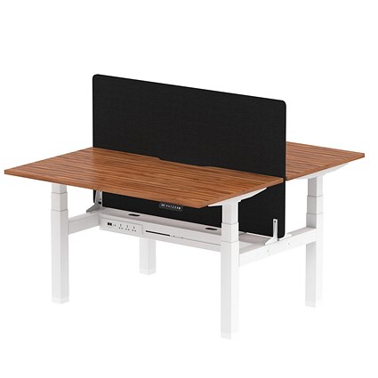 Air 2 Person Sit-Standing Scalloped Bench Desk with Charcoal Straight Screen, Back to Back, 2 x 1400mm (800mm Deep), White Frame, Walnut