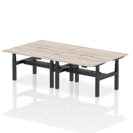 Air 4 Person Sit-Standing Scalloped Bench Desk, Back to Back, 4 x 1400mm (800mm Deep), Black Frame, Grey Oak