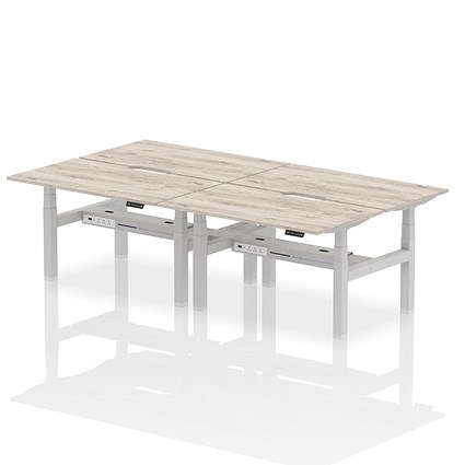 Air 4 Person Sit-Standing Scalloped Bench Desk, Back to Back, 4 x 1400mm (800mm Deep), Silver Frame, Grey Oak