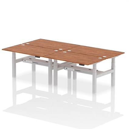 Air 4 Person Sit-Standing Bench Desk, Back to Back, 4 x 1400mm (800mm Deep), Silver Frame, Walnut