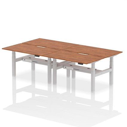 Air 4 Person Sit-Standing Scalloped Bench Desk, Back to Back, 4 x 1400mm (800mm Deep), Silver Frame, Walnut