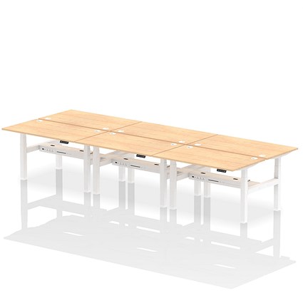 Air 6 Person Sit-Standing Bench Desk, Back to Back, 6 x 1400mm (800mm Deep), White Frame, Maple