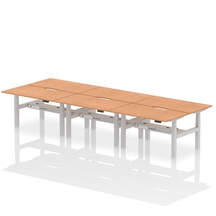 Air 6 Person Sit-Standing Scalloped Bench Desk, Back to Back, 6 x 1400mm (800mm Deep), Silver Frame, Oak