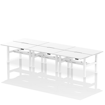 Air 6 Person Sit-Standing Scalloped Bench Desk, Back to Back, 6 x 1400mm (800mm Deep), White Frame, White