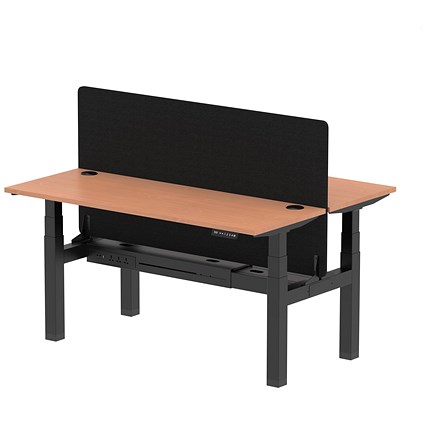 Air 2 Person Sit-Standing Bench Desk with Charcoal Straight Screen, Back to Back, 2 x 1600mm (600mm Deep), Black Frame, Beech