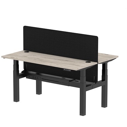 Air 2 Person Sit-Standing Bench Desk with Charcoal Straight Screen, Back to Back, 2 x 1600mm (600mm Deep), Black Frame, Grey Oak