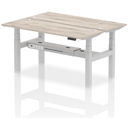 Air 2 Person Sit-Standing Bench Desk, Back to Back, 2 x 1600mm (600mm Deep), Silver Frame, Grey Oak