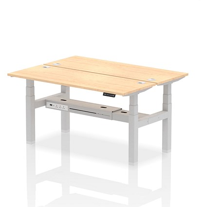 Air 2 Person Sit-Standing Bench Desk, Back to Back, 2 x 1600mm (600mm Deep), Silver Frame, Maple