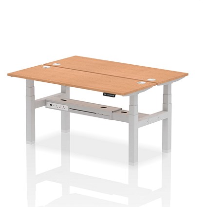 Air 2 Person Sit-Standing Bench Desk, Back to Back, 2 x 1600mm (600mm Deep), Silver Frame, Oak