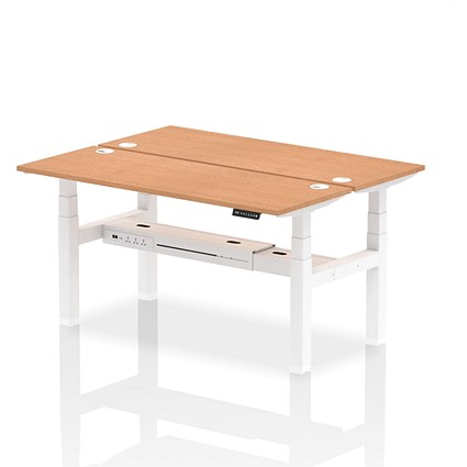 Air 2 Person Sit-Standing Bench Desk, Back to Back, 2 x 1600mm (600mm Deep), White Frame, Oak