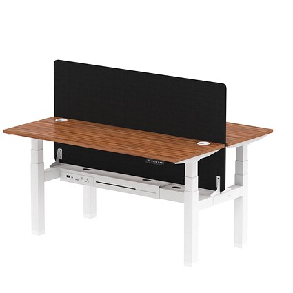 Air 2 Person Sit-Standing Bench Desk with Charcoal Straight Screen, Back to Back, 2 x 1600mm (600mm Deep), White Frame, Walnut