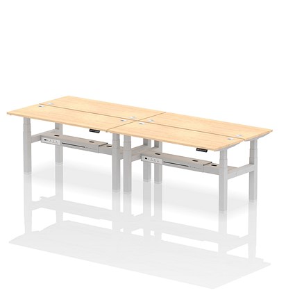 Air 4 Person Sit-Standing Bench Desk, Back to Back, 4 x 1600mm (600mm Deep), Silver Frame, Maple