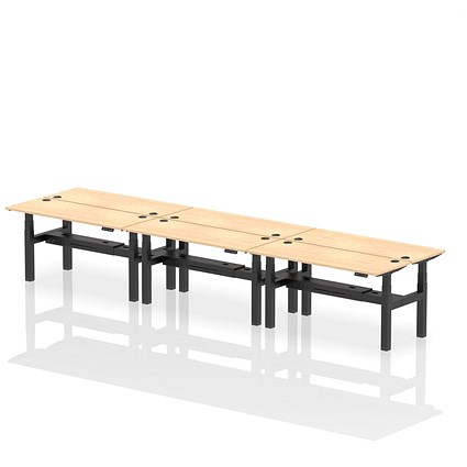 Air 6 Person Sit-Standing Bench Desk, Back to Back, 6 x 1600mm (600mm Deep), Black Frame, Maple