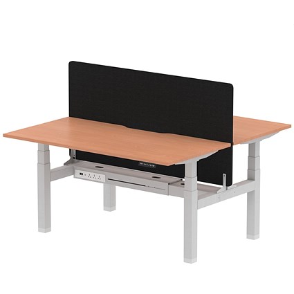 Air 2 Person Sit-Standing Scalloped Bench Desk with Charcoal Straight Screen, Back to Back, 2 x 1600mm (800mm Deep), Silver Frame, Beech