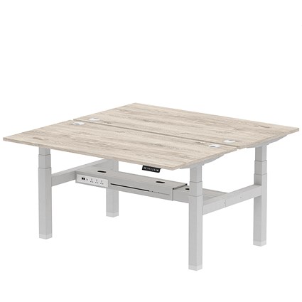 Air 2 Person Sit-Standing Bench Desk, Back to Back, 2 x 1600mm (800mm Deep), Silver Frame, Grey Oak