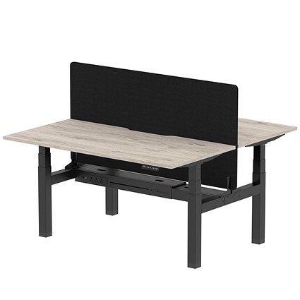 Air 2 Person Sit-Standing Scalloped Bench Desk with Charcoal Straight Screen, Back to Back, 2 x 1600mm (800mm Deep), Black Frame, Grey Oak