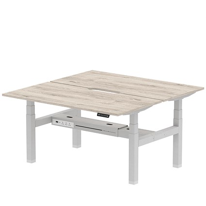 Air 2 Person Sit-Standing Scalloped Bench Desk, Back to Back, 2 x 1600mm (800mm Deep), Silver Frame, Grey Oak