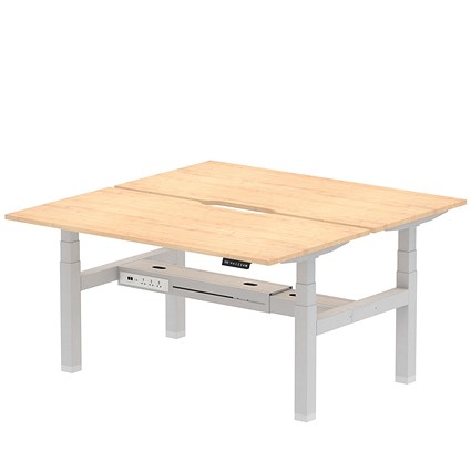 Air 2 Person Sit-Standing Scalloped Bench Desk, Back to Back, 2 x 1600mm (800mm Deep), Silver Frame, Maple