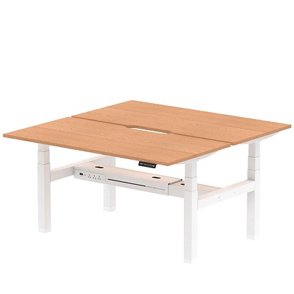 Air 2 Person Sit-Standing Scalloped Bench Desk, Back to Back, 2 x 1600mm (800mm Deep), White Frame, Oak