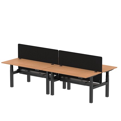 Air 4 Person Sit-Standing Bench Desk with Charcoal Straight Screen, Back to Back, 4 x 1600mm (800mm Deep), Black Frame, Oak