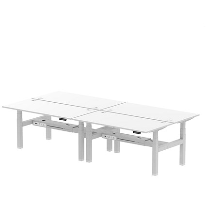 Air 4 Person Sit-Standing Bench Desk, Back to Back, 4 x 1600mm (800mm Deep), Silver Frame, White