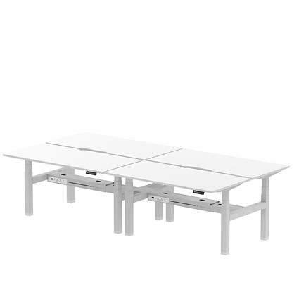 Air 4 Person Sit-Standing Scalloped Bench Desk, Back to Back, 4 x 1600mm (800mm Deep), Silver Frame, White