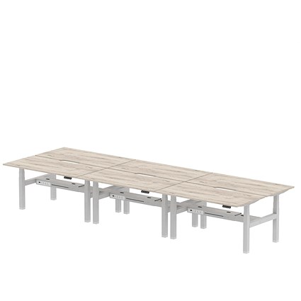 Air 6 Person Sit-Standing Scalloped Bench Desk, Back to Back, 6 x 1600mm (800mm Deep), Silver Frame, Grey Oak