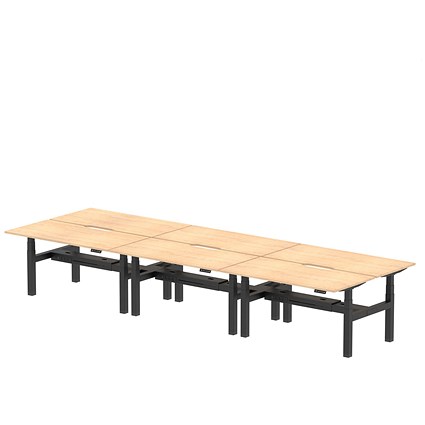 Air 6 Person Sit-Standing Scalloped Bench Desk, Back to Back, 6 x 1600mm (800mm Deep), Black Frame, Maple