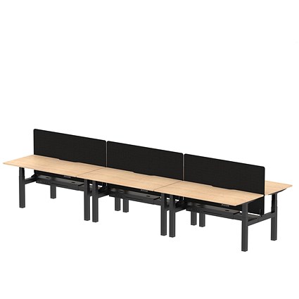 Air 6 Person Sit-Standing Scalloped Bench Desk with Charcoal Straight Screen, Back to Back, 6 x 1600mm (800mm Deep), Black Frame, Maple