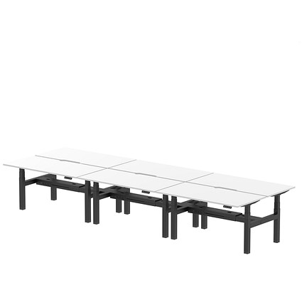 Air 6 Person Sit-Standing Scalloped Bench Desk, Back to Back, 6 x 1600mm (800mm Deep), Black Frame, White