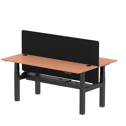 Air 2 Person Sit-Standing Bench Desk with Charcoal Straight Screen, Back to Back, 2 x 1800mm (600mm Deep), Black Frame, Beech