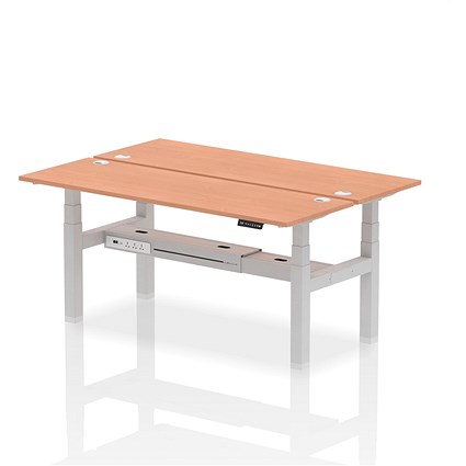 Air 2 Person Sit-Standing Bench Desk, Back to Back, 2 x 1800mm (600mm Deep), Silver Frame, Beech