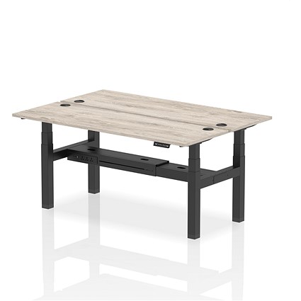 Air 2 Person Sit-Standing Bench Desk, Back to Back, 2 x 1800mm (600mm Deep), Black Frame, Grey Oak