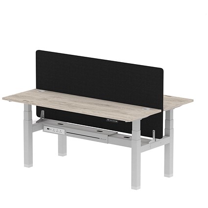 Air 2 Person Sit-Standing Bench Desk with Charcoal Straight Screen, Back to Back, 2 x 1800mm (600mm Deep), Silver Frame, Grey Oak