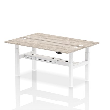 Air 2 Person Sit-Standing Bench Desk, Back to Back, 2 x 1800mm (600mm Deep), White Frame, Grey Oak