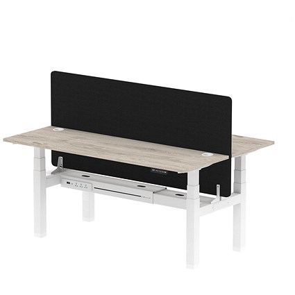 Air 2 Person Sit-Standing Bench Desk with Charcoal Straight Screen, Back to Back, 2 x 1800mm (600mm Deep), White Frame, Grey Oak