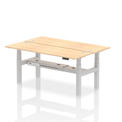 Air 2 Person Sit-Standing Bench Desk, Back to Back, 2 x 1800mm (600mm Deep), Silver Frame, Maple