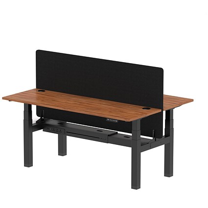 Air 2 Person Sit-Standing Bench Desk with Charcoal Straight Screen, Back to Back, 2 x 1800mm (600mm Deep), Black Frame, Walnut