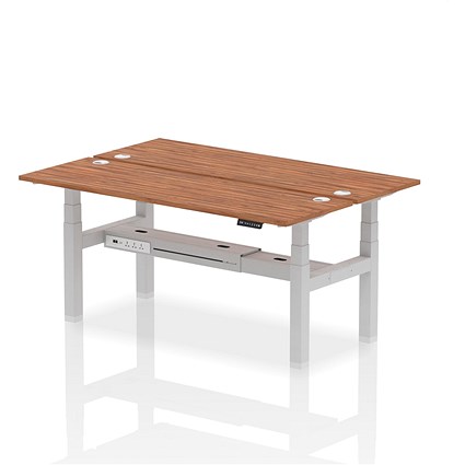 Air 2 Person Sit-Standing Bench Desk, Back to Back, 2 x 1800mm (600mm Deep), Silver Frame, Walnut