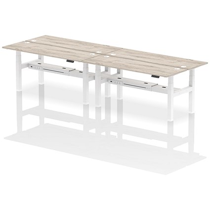 Air 4 Person Sit-Standing Bench Desk, Back to Back, 4 x 1800mm (600mm Deep), White Frame, Grey Oak