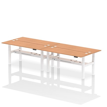 Air 4 Person Sit-Standing Bench Desk, Back to Back, 4 x 1800mm (600mm Deep), White Frame, Oak