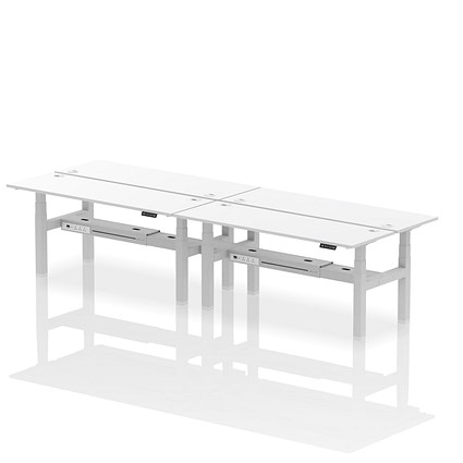 Air 4 Person Sit-Standing Bench Desk, Back to Back, 4 x 1800mm (600mm Deep), Silver Frame, White