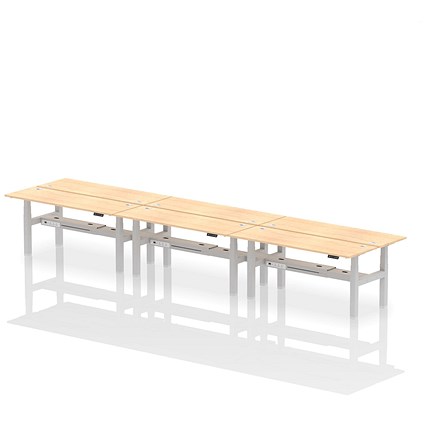 Air 6 Person Sit-Standing Bench Desk, Back to Back, 6 x 1800mm (600mm Deep), Silver Frame, Maple