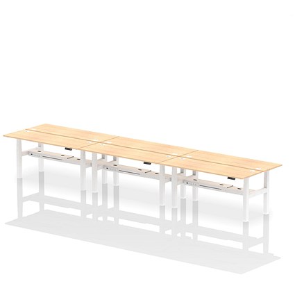 Air 6 Person Sit-Standing Bench Desk, Back to Back, 6 x 1800mm (600mm Deep), White Frame, Maple