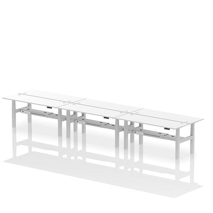 Air 6 Person Sit-Standing Bench Desk, Back to Back, 6 x 1800mm (600mm Deep), Silver Frame, White