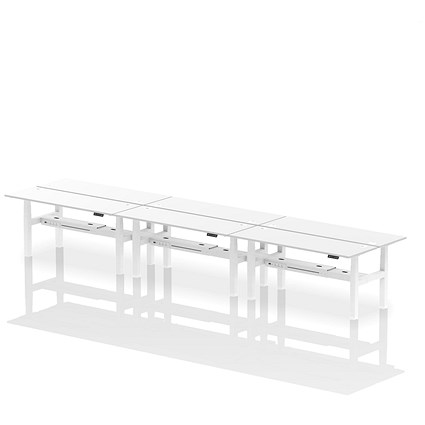 Air 6 Person Sit-Standing Bench Desk, Back to Back, 6 x 1800mm (600mm Deep), White Frame, White